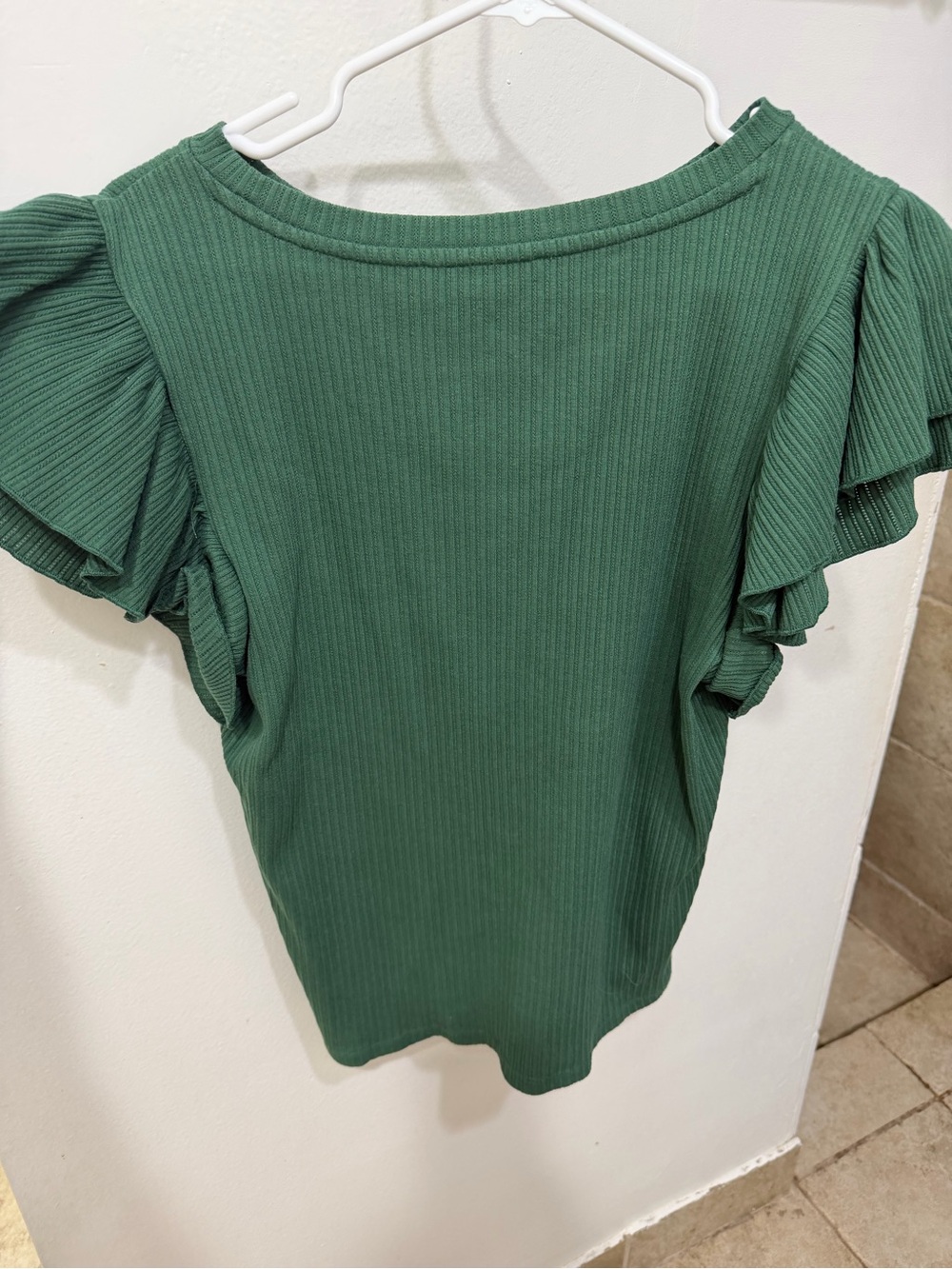 LOFT Dark Green Ribbed Tee with Ruffle Sleeves - Picture 2 of 3